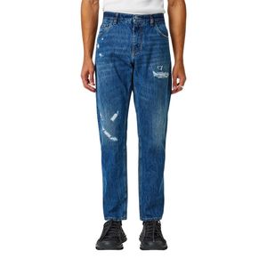 Tapered Fit Men's Denim Jeans Dark Indigo Minimal Distressed <b>Knee</b> Rip Cotton Stretch Casual Streetwear Fashion Trousers - Product Image 6