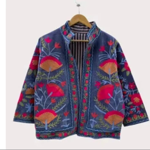 Veste en velours brodée de fleurs bohèmes, coupe-vent et respirante, manteau Suzani, manteau court en tricot d'hiver - Product Image 1