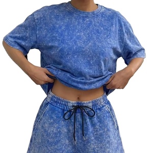 Washed 2pcs Set Women's Loose Short-Sleeve <b>Top</b> Elastic Waist Drawstring Shorts Knee Solid Vintage Street Style Casual Loungewear - Product Image 1