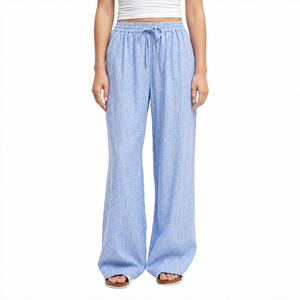 Beautiful Blue Stripe Linen Drawstring <b>Trouser</b> for Women Customizable Latest Fashion Pants & <b>Trousers</b> - Product Image 4