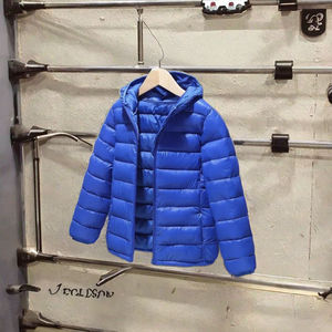Men's Blue Hooded Puffer <b>Jacket</b> Zipper Closure Windproof Casual Autumn Wear Polyester Wadding Filling Stand Solid Color Front - Product Image 3