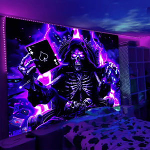 Tapisserie Murale en Polyester Luminescente au Néon Effet UV, Motif Crâne Roi du Poker, Facile à Accrocher, Décoration Murale avec Design Squelette Gaming - Product Image 3