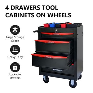 Cofre de herramientas de metal rodante de 4 cajones de 20 \ "organizador de caja de almacenamiento de acero negro y rojo con toboganes de cajón de rodamiento de bolas - Product Image 2