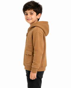 Sweat-shirt à capuche mi-zippé pour garçons, en mélange de coton et polaire, chaud et décontracté, marron uni, à manches longues - Product Image 2