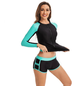 Ensemble 3 pièces de protection solaire pour femme : haut de bain athlétique à manches longues, soutien-gorge de sport et short taille haute – Tenue de sport d'extérieur respirante UPF50 - Product Image 4