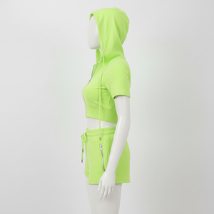 <b>Top</b> Trendy Style 100% Cotton French Terry Women's Zip-Up Crop Hoodie & Elastic Waist Shorts Side Slits Slim Fit Street Fashion - Product Image 3