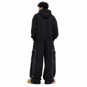 Custom Piping Men's 2PC Black Fleece Tracksuit Set <b>Oversized</b> Hoodie Baggy <b>Cargo</b> <b>Pants</b> High Street 100% Cotton Private Label - Product Image 3