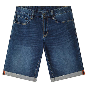 Shorts Bermuda en jean bleu foncé pour homme, taille mi-haute, fermeture boutonnée, couleur unie, style décontracté, 100 % coton tissé, poches lavées - Product Image 1