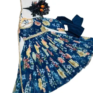 כחול כהה צבעוני ארוך שרוולי המפלגה ומזדמן ללבוש מעצב Anarakali שמלת לנשים ובנות