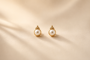 18ct Yellow Gold AAA White Pearl <b>Stud</b> <b>Earrings</b> High Polish Vintage Crown Design Wedding Party Gift <b>Fine</b> Jewelry for Women Girls - Product Image 2