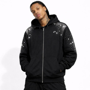 Sweat-shirts à capuche zippés pour hommes en molleton de coton épais avec détail strass sur l'épaule, coupe oversize, style streetwear, production sous marque privée - Product Image 1