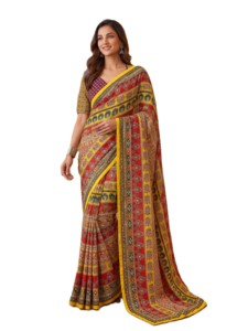 RN Traditional Indian Ethnic Digital Ajrak Print Elegant <b>Saree</b> Mirror Work for Women <b>Red</b> Yellow Floor Length Polyester Quick Dry - Product Image 1