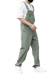 Salopette en jean vert pour homme, couleur unie, taille haute, coupe ample, style décontracté, pantalon en coton pour le printemps - Product Image 3