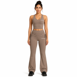 Conjunto de Yoga Moderno para Mujer: Top Corto Racerback y Pantalón Acampanado con Cordón Fruncido, Traje de Dos Piezas de Secado Rápido para Gimnasio y Entrenamiento - Product Image 1