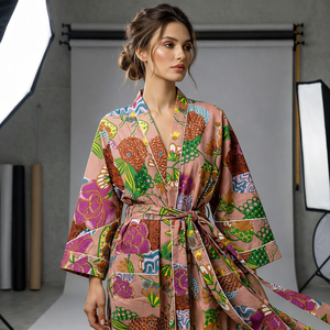 Kimono Women Floral Print Cotton Robe Soft <b>Waffle</b> Texture Long Sleeve Knee Length High Rise Drawstring Closure Bathrobe - Product Image 1