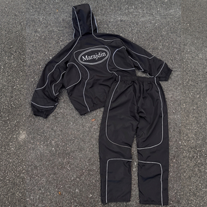 Custom Mens Heavyweight 100% Cotton <b>Reflective</b> Piping Tracksuit Set Waterproof Windbreaker Hooded <b>Jacket</b> Technical Cargo Pants - Product Image 4