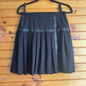 Gothic Punk Women's Black Pleated Mini <b>Skirt</b> High Waisted Faux Leather <b>Patchwork</b> <b>Skirt</b> with Silver Eyelet - Product Image 6