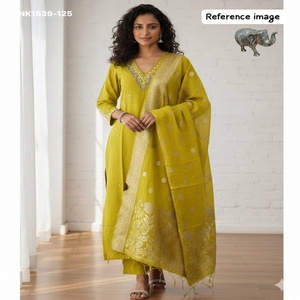 Hermosa Colección de Kurti-Pantalón Largo Recto de Seda Muslin con Detalles Hechos a Mano y Dupatta Banarasi, Exportador de Moda Femenina - Product Image 1