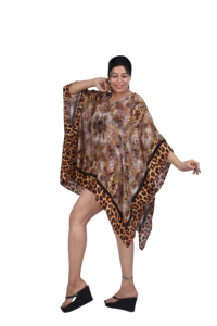 Vestido Kaftán Mini de Playa Bohemio Ecológico de Satén Viscosa Estampado con Cuello en V Transpirable Asimétrico - Product Image 3