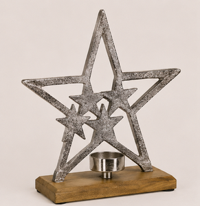 Portavelas de metal industrial hecho a mano con diseño de estrella dentro de una estrella y base rústica de madera de mango para Navidad y decoración de mesa del hogar. - Product Image 1
