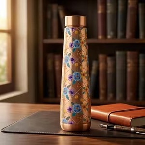 Bohemian Hammered Copper Water Bottle Blue Grid Design Portable Travel <b>Drinkware</b> with Lid - Product Image 3