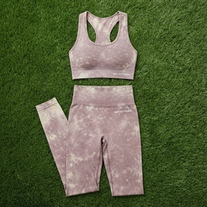 Women Mauve Acid Wash Yoga Set <b>Racerback</b> Crop Sports <b>Bra</b> High Waist Full Length Leggings Gym Fitness Activewear - Product Image 5