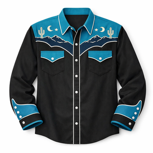 Camisa Vaquera Unisex OEM de Manga Larga con Bordado Rodeo, Estilo Vintage Casual, Corte Ajustado y Ribete en Contraste - Product Image 1
