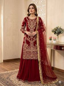 <b>Red</b> Classic A-Line Georgette <b>Sequined</b> Embroidered Party Dress with Dupatta Women Salwar Kameez Set Wedding Festival Wear - Product Image 2