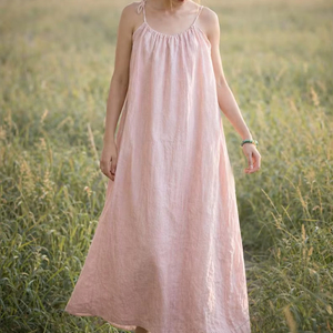 Robe longue décontractée d'été pour femme en lin écologique, col en V, sans manches, à nouer, coupe trapèze, ajustement régulier, fluide, pour la plage - Product Image 1