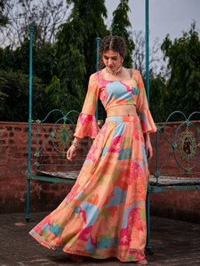Digital Printed Georgette Lehenga Choli Set Women Festive Crop <b>Top</b> and Maxi Skirt Ethnic Party Outfit - Product Image 4