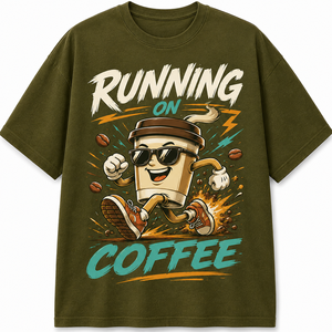Camiseta Negra de Manga Larga para Hombre con Estampado de Dibujos Animados de Café y Ritmo al Correr, Cuello Redondo, Ajuste Holgado Casual, 100% Algodón - Product Image 1