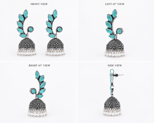 Boucles d'oreilles Jhumka en laiton oxydé argenté avec zircon en forme de feuille pour femmes, vente en gros |   Boucles d'oreilles ethniques indiennes bohèmes pour soirée - Product Image 5