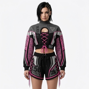 Ensemble de survêtement sportif imprimé style course pour femme, personnalisé, léger, en polyester/coton, avec short et sweat-shirt court en dentelle, idéal pour l'été - Product Image 2