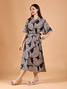 Black geometric Print fit & flare <b>dress</b> <b>Shirt</b> collar Midi length in flared hem Cotton fabric Floral Print Formal V-Neck <b>Dress</b> - Product Image 3