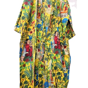 Kimono Hecho a Mano con Estampado de Bloques de Jaipur, Ecológico, Transpirable, Cómodo, de Algodón Suave, con Motivos de Leopardo en Amarillo Vibrante, Largo hasta el Suelo - Product Image 5