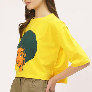 INDEX APPAREL Women's Yellow Crop <b>Top</b> Crew Neck Three Quarter Sleeve Character Print Casual Spring Summer Wear - Product Image 6