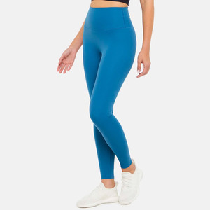 Leggings Capri Taille Haute Bleus Sans Coutures Extensibles Respirants pour Yoga Femme, Vêtements de Compression Sportifs Tricotés 140g avec Poches - Product Image 3