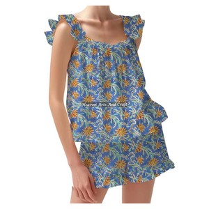 Ensemble pyjama floral pour femmes 2 pièces ensemble de salon à volants haut caraco short vêtements de nuit ajusté bretelles à volants garniture manches PJ ensemble - Product Image 6