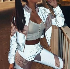 Ensemble de survêtement gris et rose pour femme, avec blocs de couleur, manches longues, fermeture éclair, style sportif décontracté, léger, séchage rapide, coupe régulière - Product Image 6