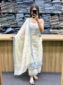 ชุดสัลวาร์ คามีซ ผ้าฝ้ายสีขาว ปักลายสีดำ ความยาวระดับข้อเท้า ชุดพื้นเมืองสำหรับผู้หญิง อินเดีย ปากีสถาน สไตล์ลำลอง - Product Image 3