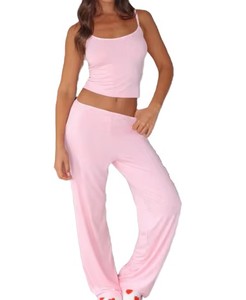 Conjunto de dos piezas de ropa de dormir para mujer, top corto sin mangas de punto y pantalones largos, ropa informal suave para verano - Product Image 1