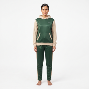 Conjunto deportivo informal de dos tonos para mujer, con sudadera con capucha y pantalones jogger de poliéster, colores sólidos, manga larga, corte regular, con bolsillos. - Product Image 1