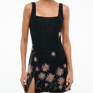 Pink Beaded Embroidery Sleeveless Dress Handcrafted Floral Pattern Women Apparel Party Wear Mini Skirt V <b>Neck</b> Cocktail Outfit - Product Image 1