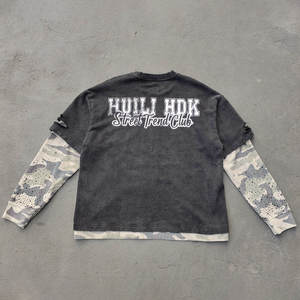 T-shirts Manufacturer Custom Vintage Wash Heavyweight Streetwear <b>Tshirt</b> Rhinestone Screen Print Double Layer Long Sleeve T shirt - Product Image 2