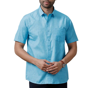 Chemise en lin riche pour homme, bleu ciel foncé, col rabattu, fermeture à bouton unique blanc, chemise d'été pour homme - Product Image 1