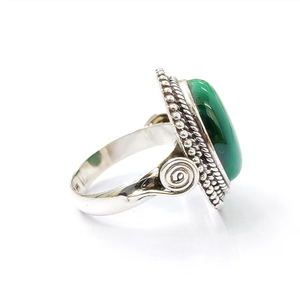 Handcrafted Sterling <b>Silver</b> <b>Statement</b> <b>Ring</b> Featuring Large Oval Malachite Cabochon With Beaded Rope Borders - Product Image 2