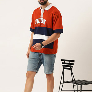 Polo en coton rayé rouge, bleu marine et blanc pour homme, manches courtes, décontracté, respirant, tissage Oxford, logo sur le devant - Product Image 4