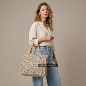 Sac fourre-tout matelassé en coton imprimé à la main, grande capacité, motif floral, pour l'épaule, voyage, shopping, vente en gros, écologique, été, automne - Product Image 1