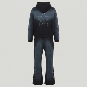 Custom Dark Grey Star Rhinestone Zip Hoodie & Flare Jogger Tracksuit Heavyweight 100% Cotton 400 GSM Fleece Tracksuit Unisex - Product Image 2