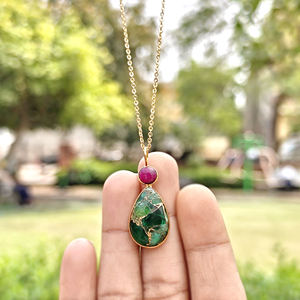Best selling jewelry mohave ruby with emerald copper turquoise double stone pendant <b>necklace</b> gold plated chain women <b>necklace</b> - Product Image 5